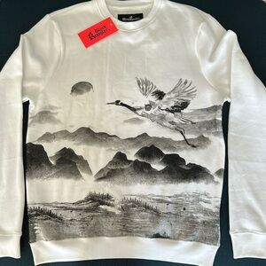 Blind Rooster Crewneck Sweatshirt with Asian inspired landscape screenprint